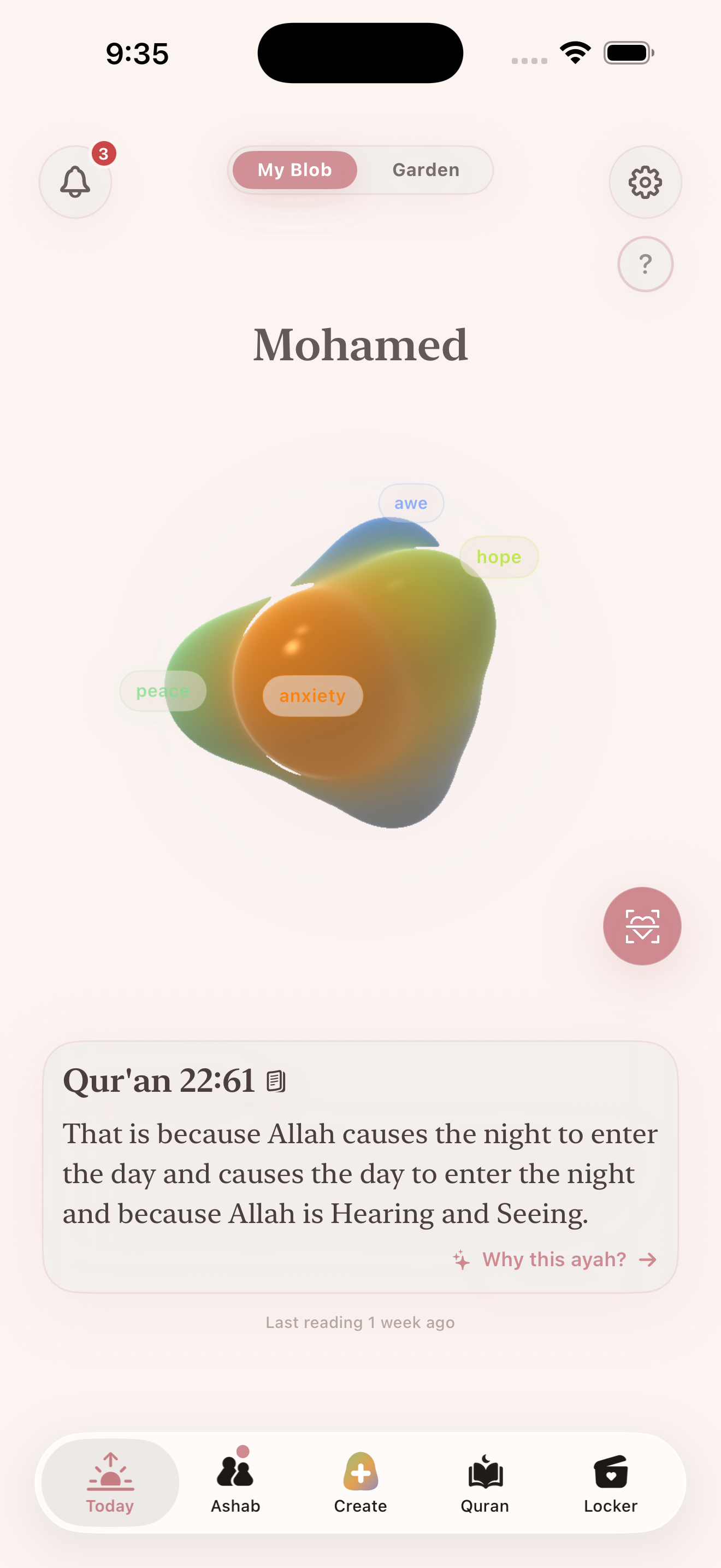 Hablobi My Blob screen with a grounding ayah