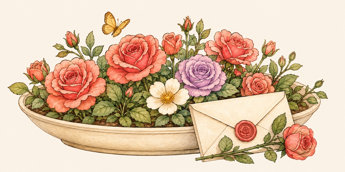 A ceramic garden of roses beside a letter sealed with a rose.
