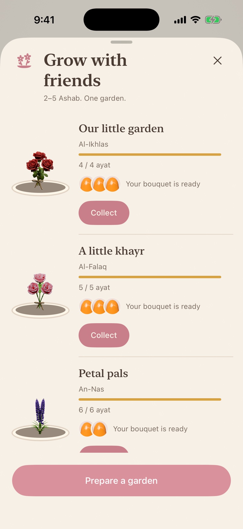 Grow with Friends: named shared gardens with pink Collect buttons, ready for their bouquets.