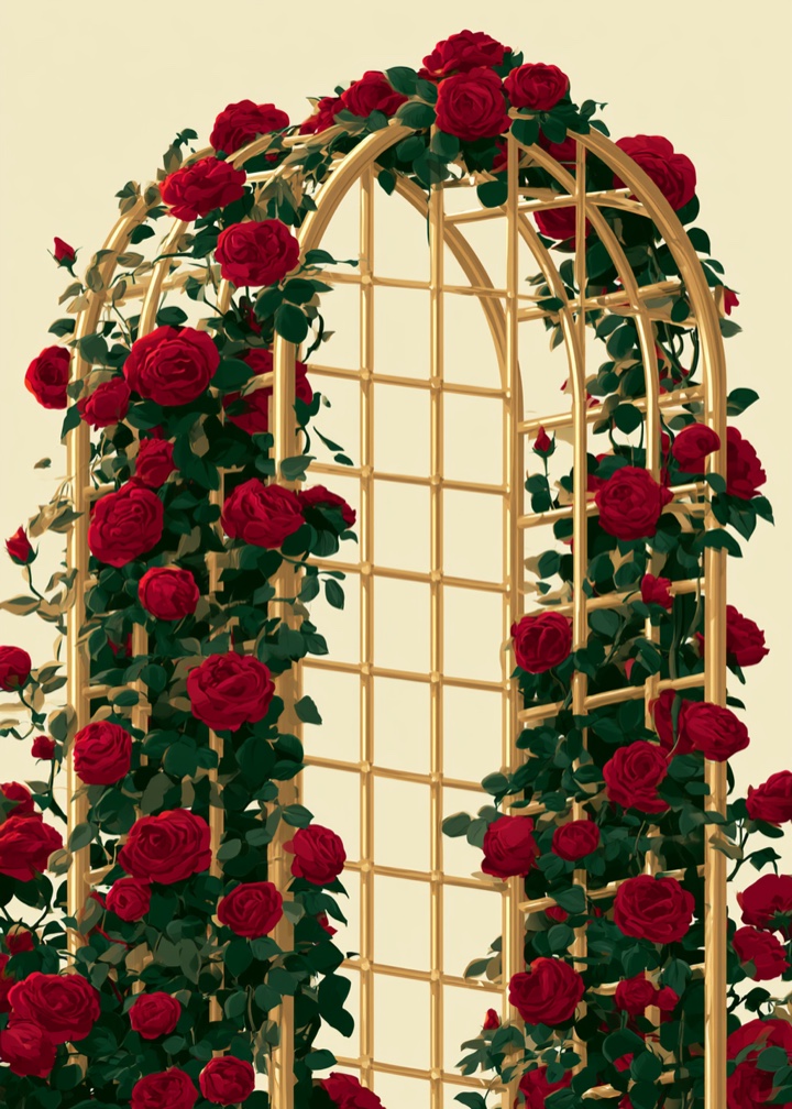 A Hablobi card design: red roses climbing a golden arch.