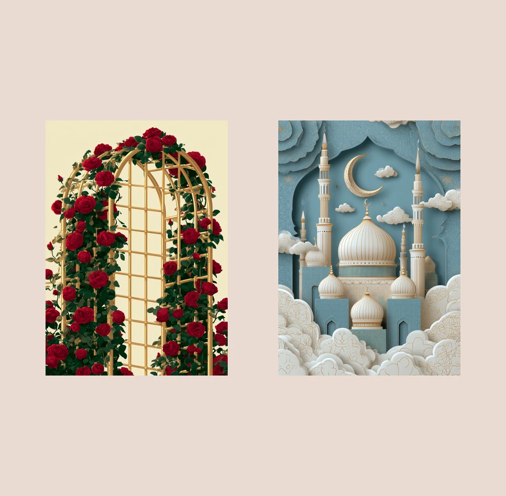 Two actual Hablobi card designs: roses on a golden arch and a cream mosque with a crescent on blue paper.