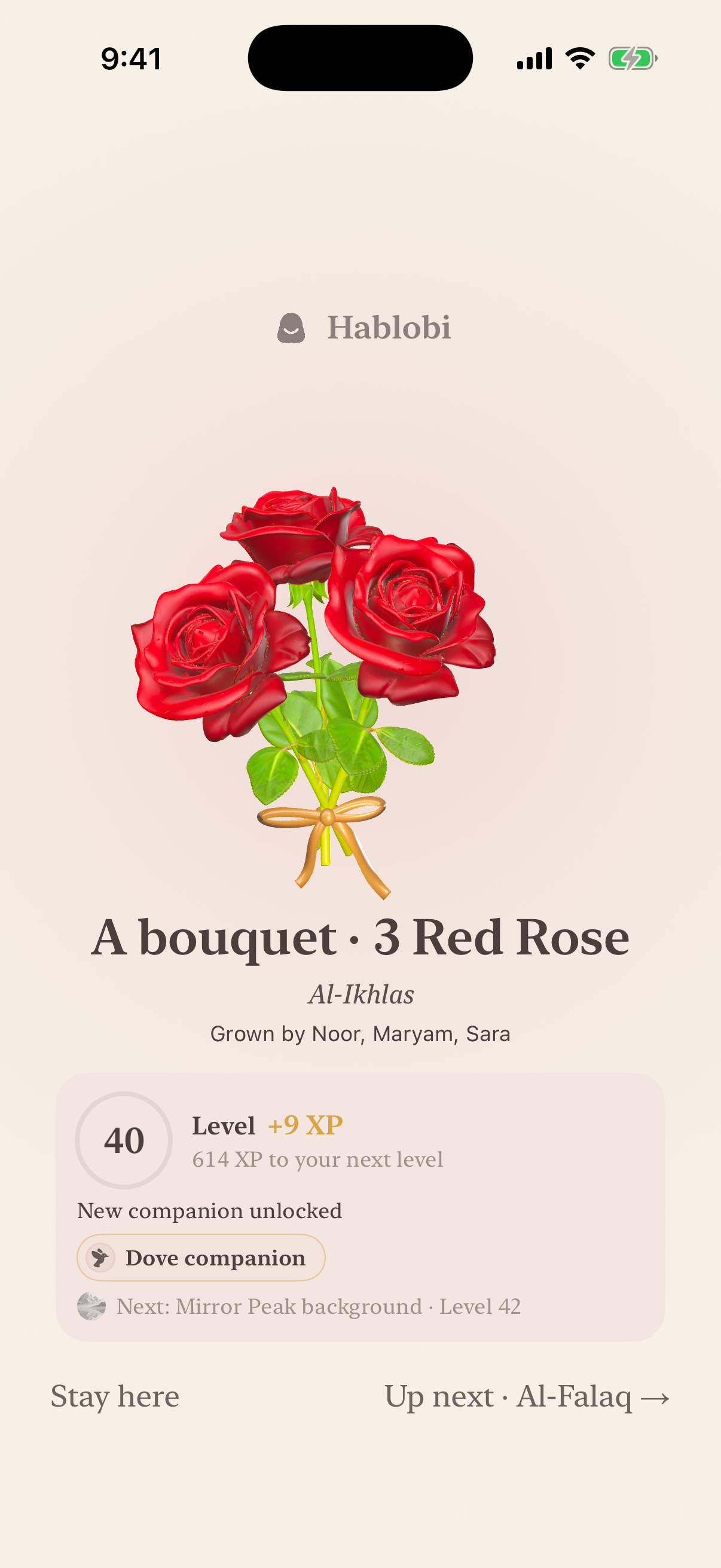 Native shared bouquet reveal at Level 40 with a Dove companion unlocked.
