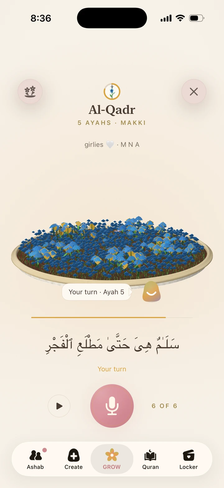 Hablobi Grow with Friends: the girlies circle, three participant initials and an Al-Qadr garden four ayahs into five.
